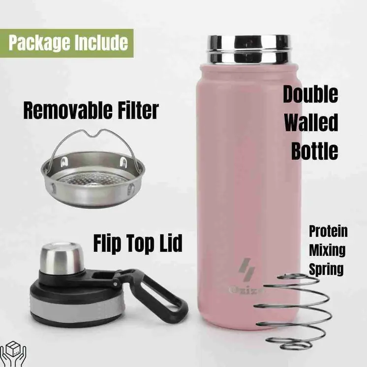 Ozizo Shaker Bottle M60, Insulated Stainless Steel Protein Shaker Bottle 22 oz, Insulated Shaker with Filter, Flip Top Cap and Wire Whisk Ball Spring Mixer