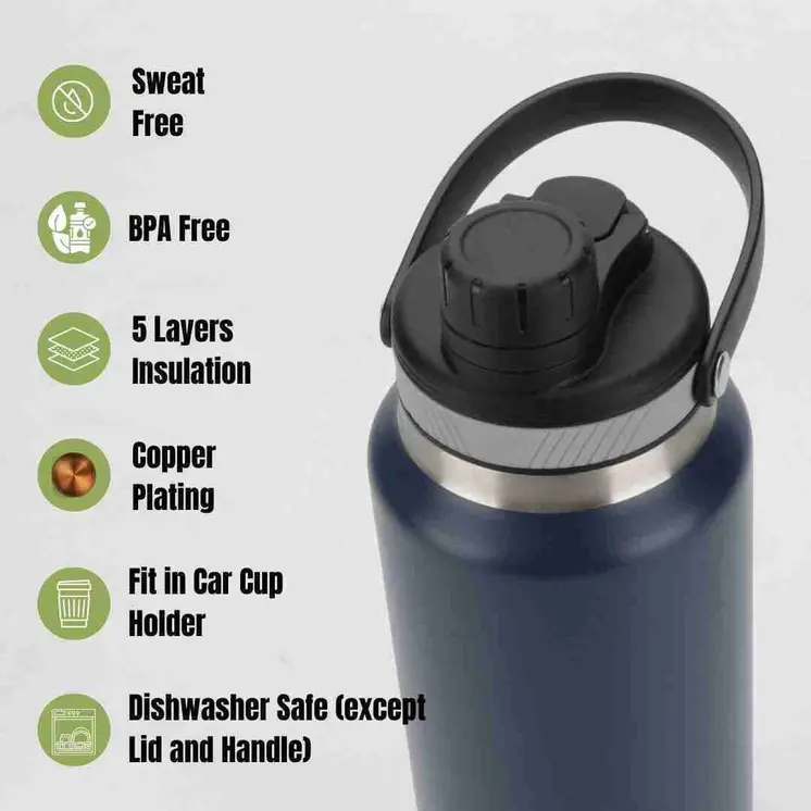 Ozizo M69 34oz 1000ml Insulated Bottle with Handle and Attached Cap