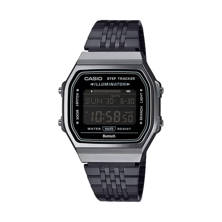 CASIO VINTAGE Mod. BLUETOOTH® SMARTPHONE LINK - BLACK - built-in accelerometer senses body movements + steps counter - ALL BLACK