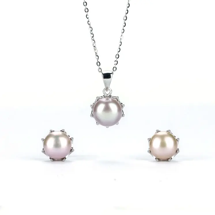 Freshwater Purple Button Shaped Pearl Butler Jewellery Set 8-9 mm AAAA