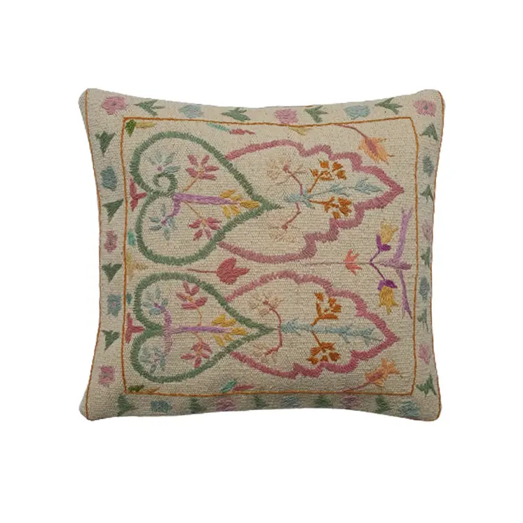 Embroidered Woolen Olive Haze Cushion Cover