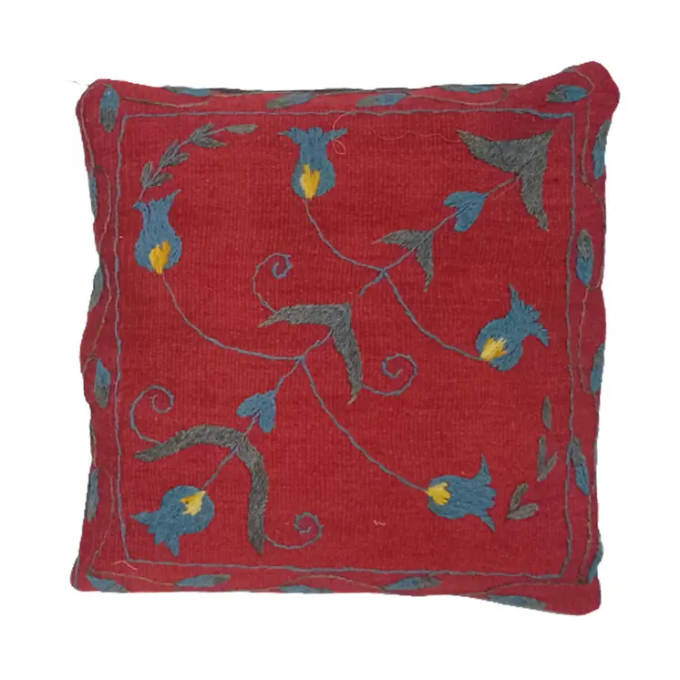 Embroidered Woolen Falu Red Cushion Cover