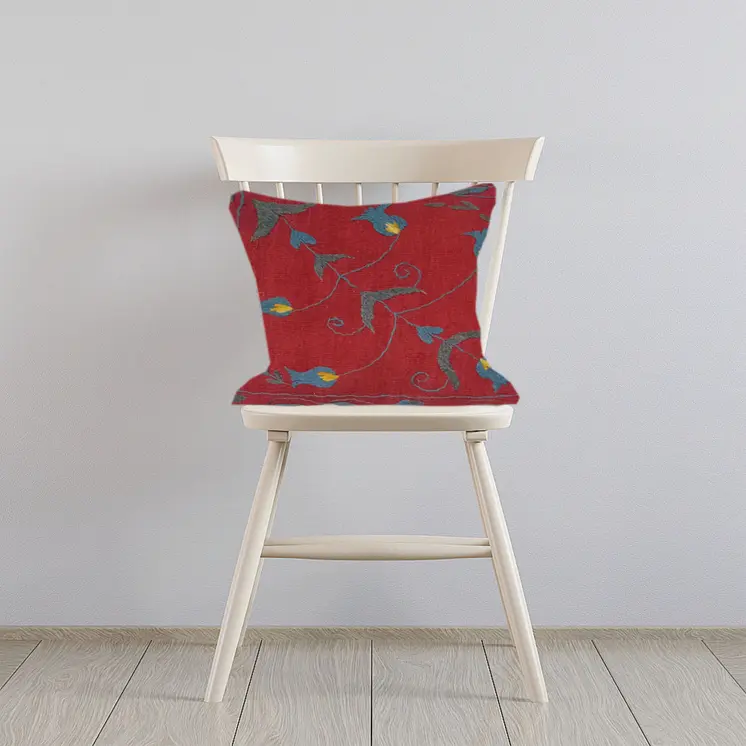 Embroidered Woolen Falu Red Cushion Cover