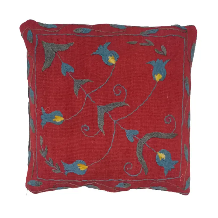 Embroidered Woolen Falu Red Cushion Cover