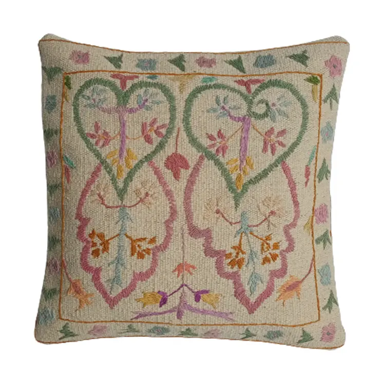 Embroidered Woolen Olive Haze Cushion Cover