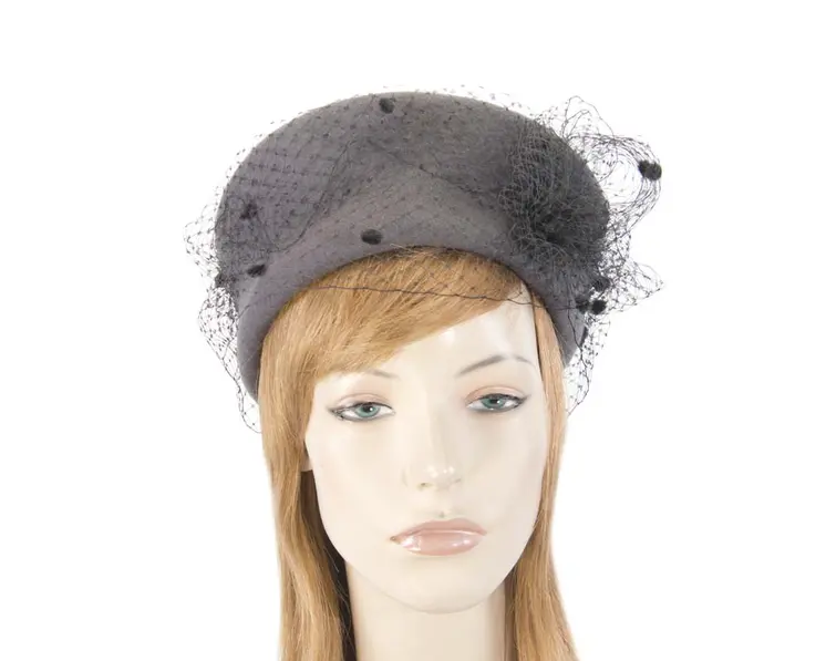 Large grey & black felt beret hat