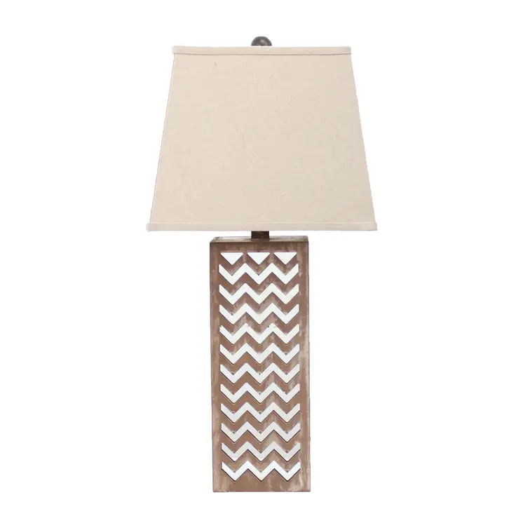 28" Distressed Natural And Silver Metal Bedside Lamp With Beige Cone Shade