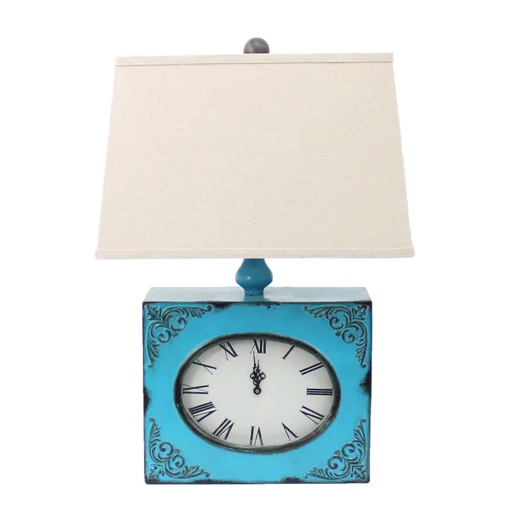 22" Distressed Blue Metal Bedside Lamp With Beige Shade