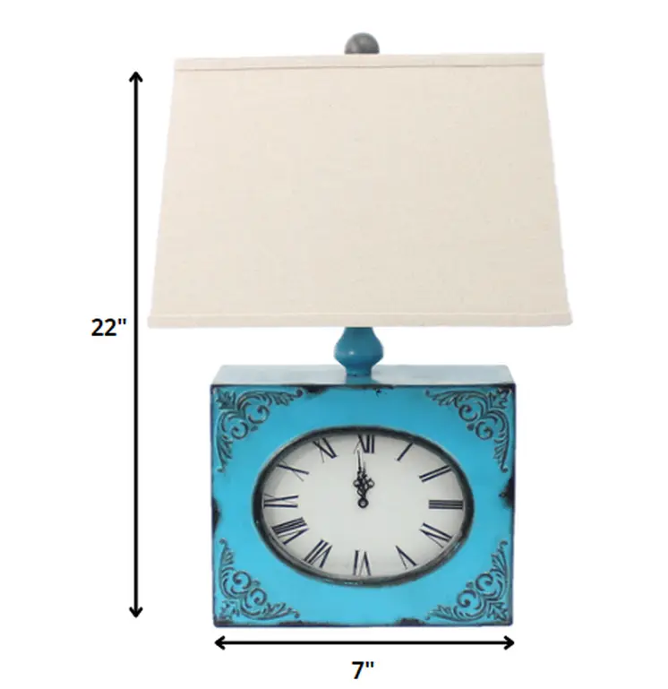 22" Distressed Blue Metal Bedside Lamp With Beige Shade