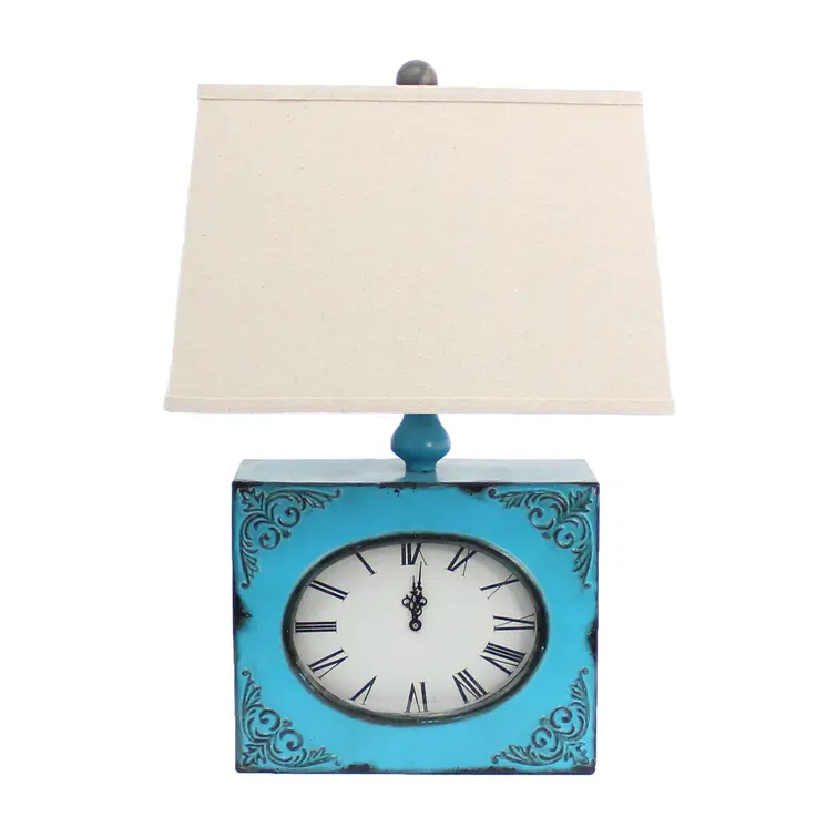 22" Distressed Blue Metal Bedside Lamp With Beige Shade