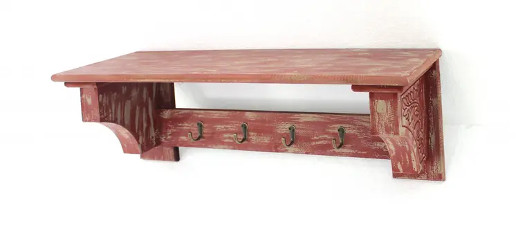 30" Red Distressed Wood Four Hook Wall Mounted Hanging Coat Rack