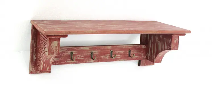 30" Red Distressed Wood Four Hook Wall Mounted Hanging Coat Rack