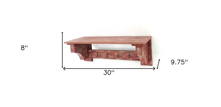 30" Red Distressed Wood Four Hook Wall Mounted Hanging Coat Rack