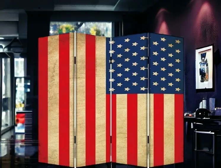 84" Red Natural And Blue American Flag Reversible Canvas Folding Four Panel Room Divider