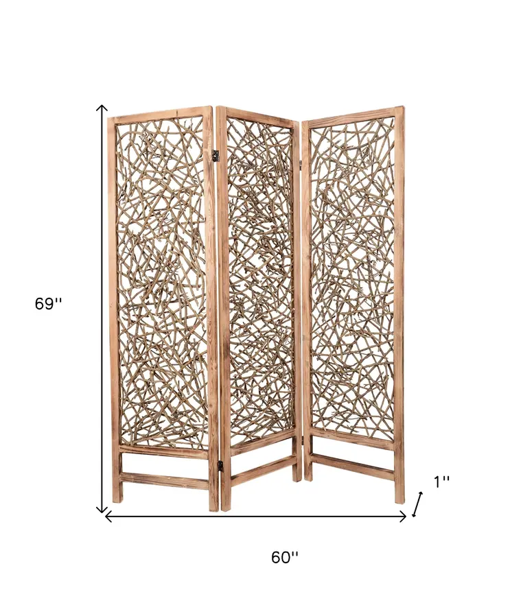 60 X 69 Brown 3 Panel Wood Foldable  Screen
