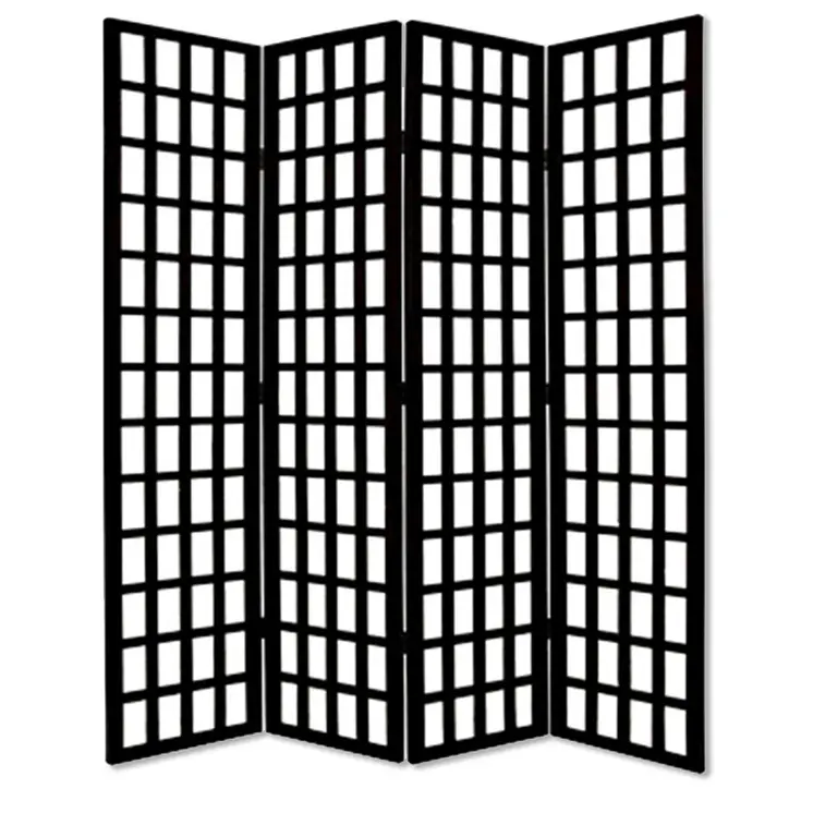 96" Black And White Folding Four Panel Screen Room Divider