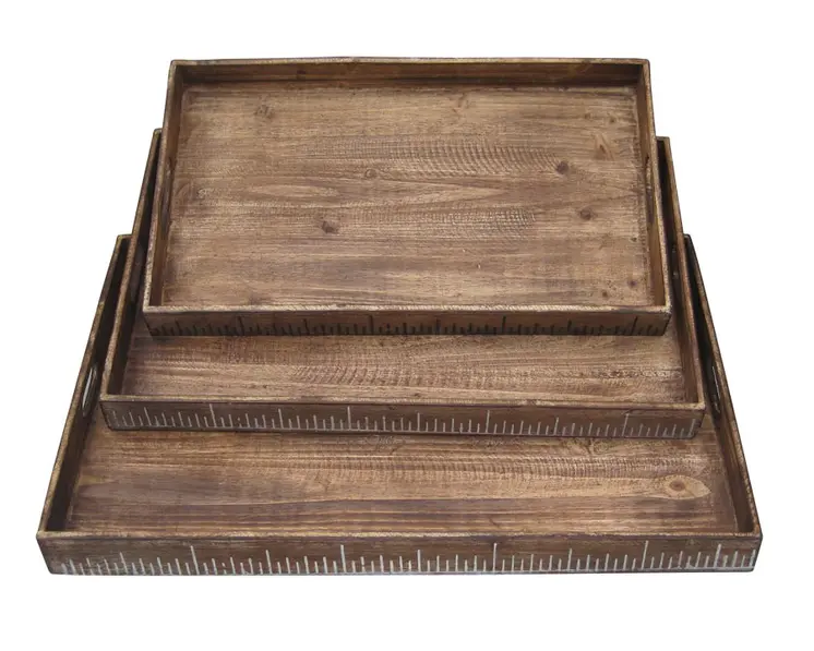 Set of Three Brown Wood Nesting Serving Trays