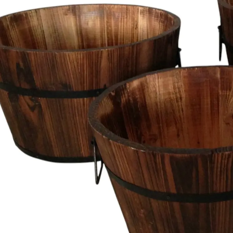 Set of Three Natural Wood Indoor Outdoor Round Pot Planters