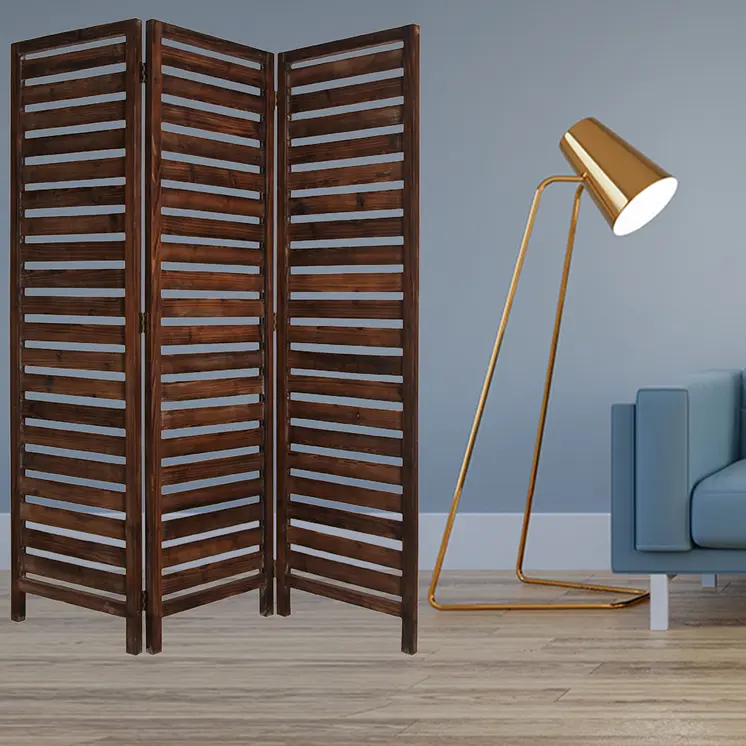 63" X 72" Brown 3 Panel Solid Wood Fortress  Screen