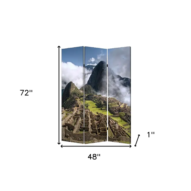 48" X 72" Multi Color Wood Canvas Machu Picchu  Screen
