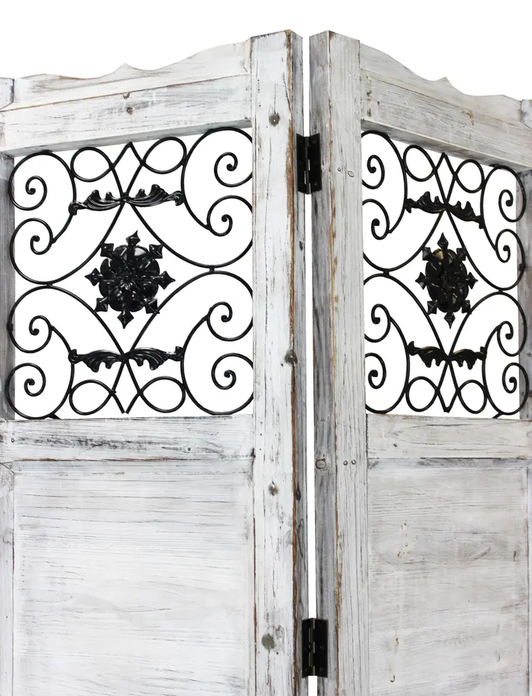 Gray Wash 4 Panel With Scroll Work Room Divider Screen