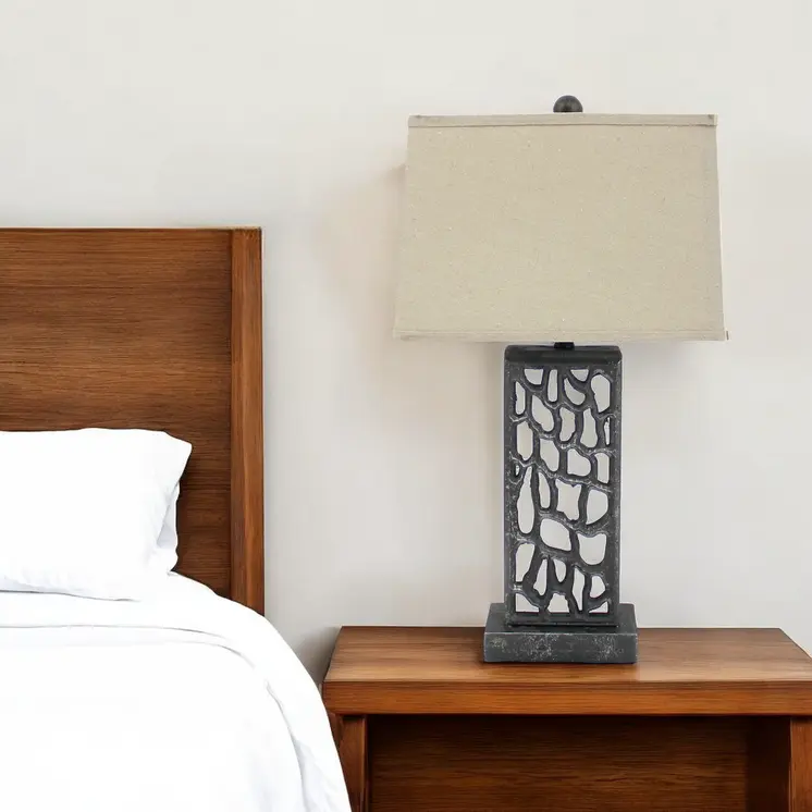 29" Distressed Black Metal Bedside Lamp With Beige Shade