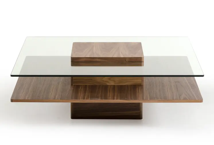 39" Clear and Brown Glass and Wood Pedestal Coffee Table With Shelf