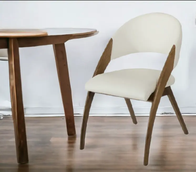 Set of Two Cream and Brown Upholstered Faux Leather Open Back Dining Arm Chairs