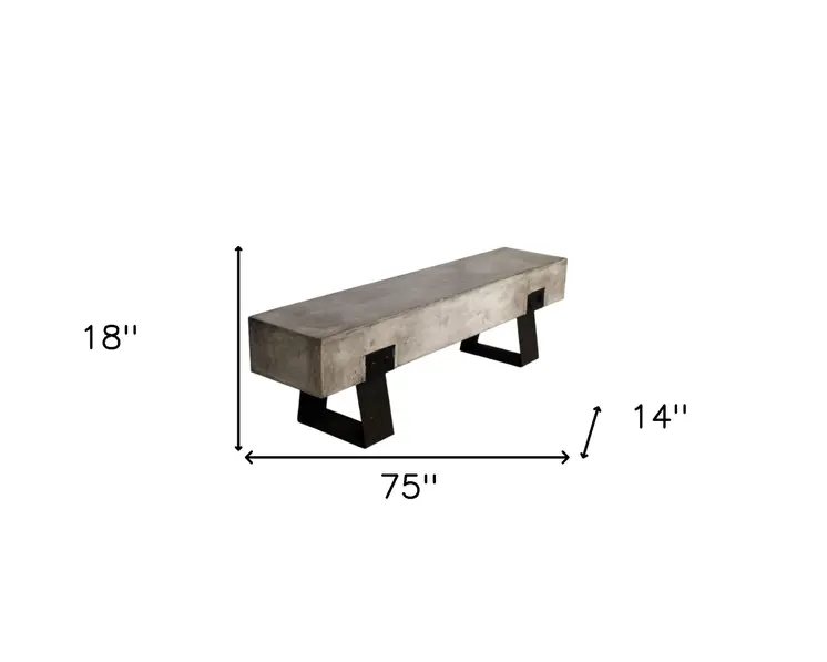 75" Gray and Black Metal and Concrete Indoor Outdoor Bench