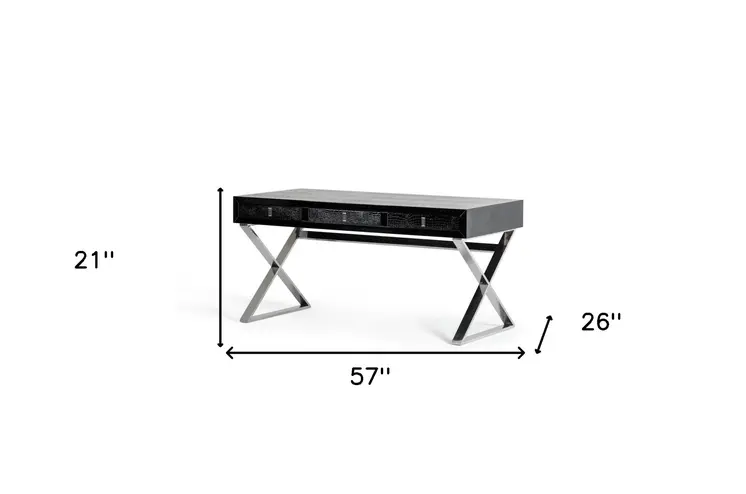 57" Black and Silver Wood And Stainless Steel Cross Legs Coffee Table With Three Drawers