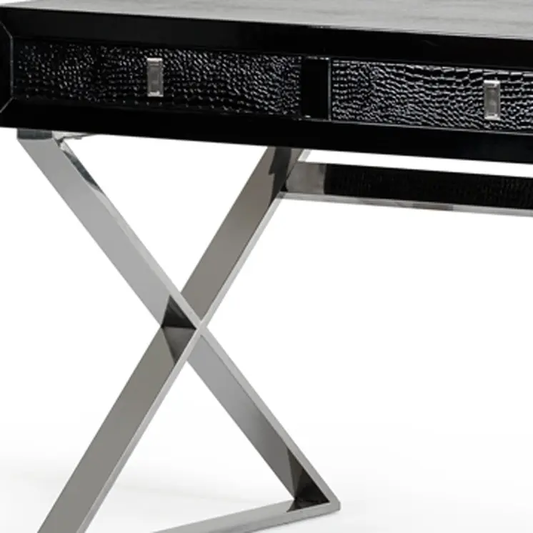 57" Black and Silver Wood And Stainless Steel Cross Legs Coffee Table With Three Drawers