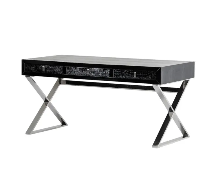 57" Black and Silver Wood And Stainless Steel Cross Legs Coffee Table With Three Drawers