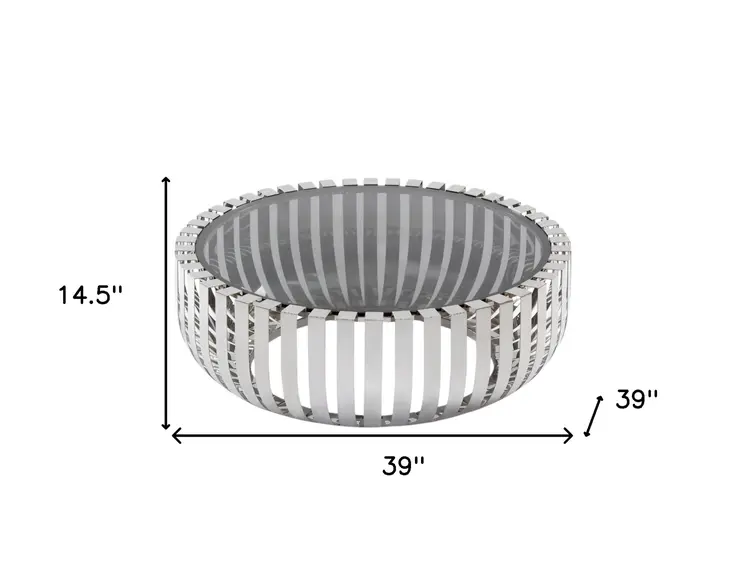 39" Clear and Silver Glass And Stainless Steel Round Abstract Coffee Table