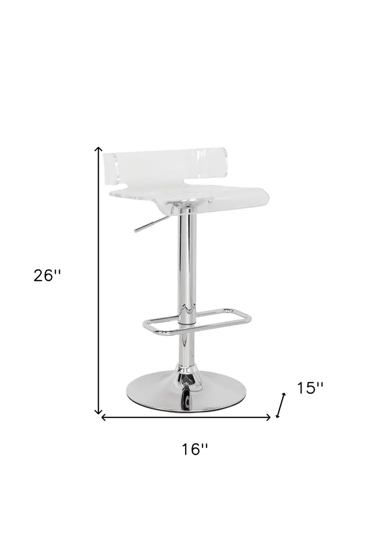 Clear and Silver Acrylic and Metal Low Back Adjustable Height Swivel Bar Chair