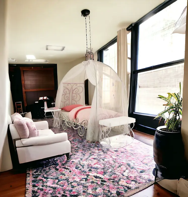 Purple and White Metal Canopy Bed Frame