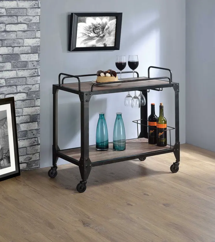 Gunmetal and Brown 32" Rolling Prep Table With Storage