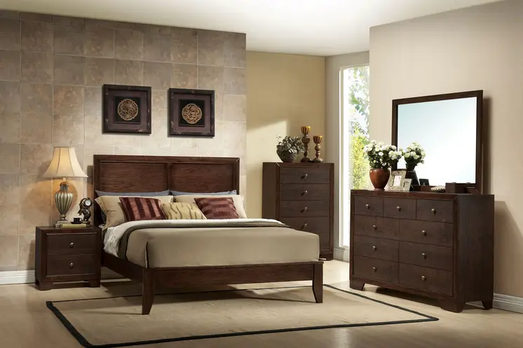Espresso Inlaid Panels Wood Queen Bed Frame