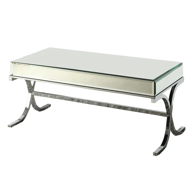 42" Clear and Silver Mirrored Glass And Iron Sled Coffee Table