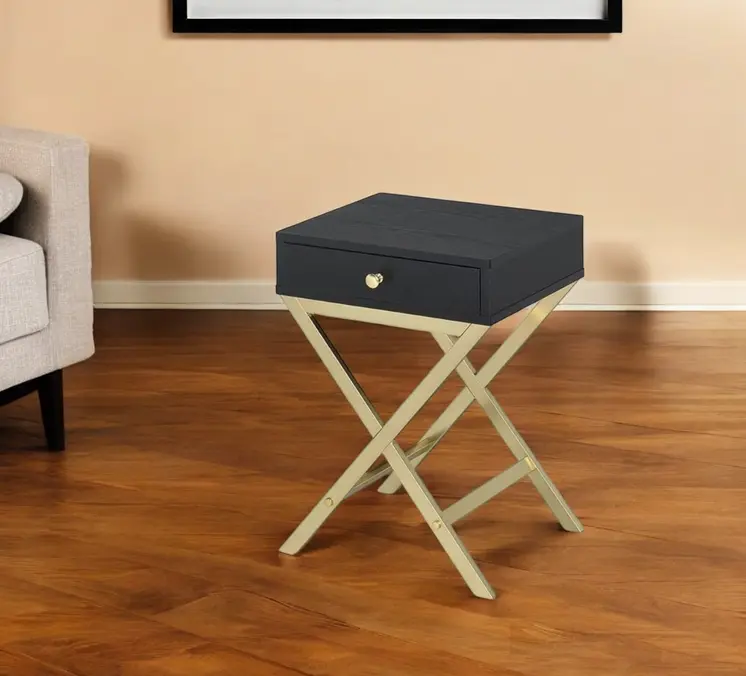 24" Gold And Black Solid Wood End Table With Drawer