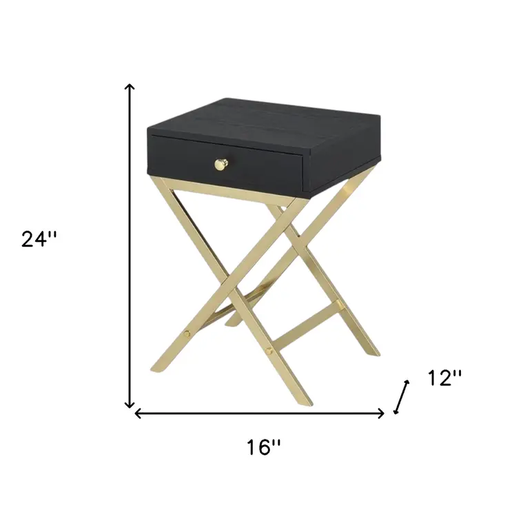 24" Gold And Black Solid Wood End Table With Drawer