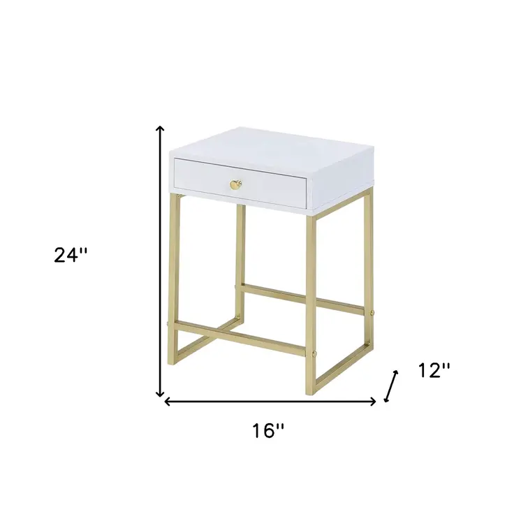 24" Gold And White Solid Wood End Table With Drawer