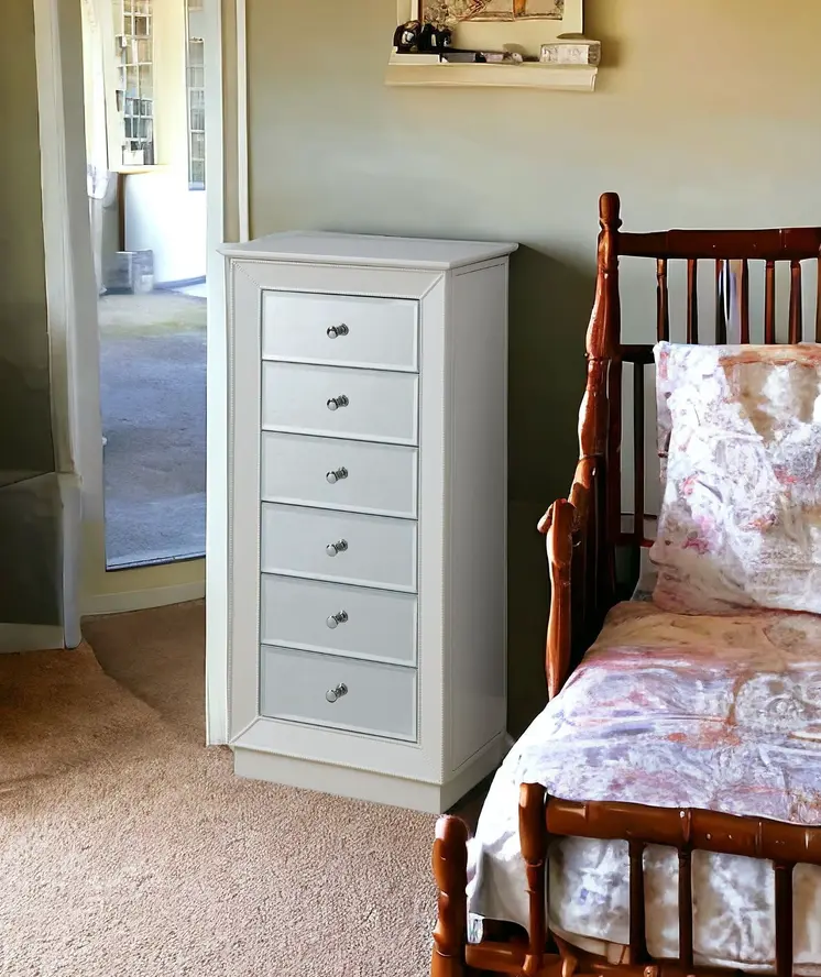 38" White Six Drawer Wood and Mirrored Glass Jewelry Armoire