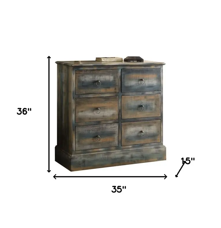 35" X 15" X 36" Antique Oak And Teal Console Table