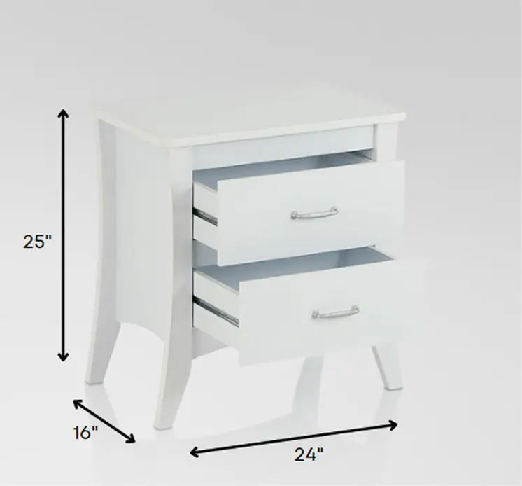 25" White Wood Two Drawer Nightstand