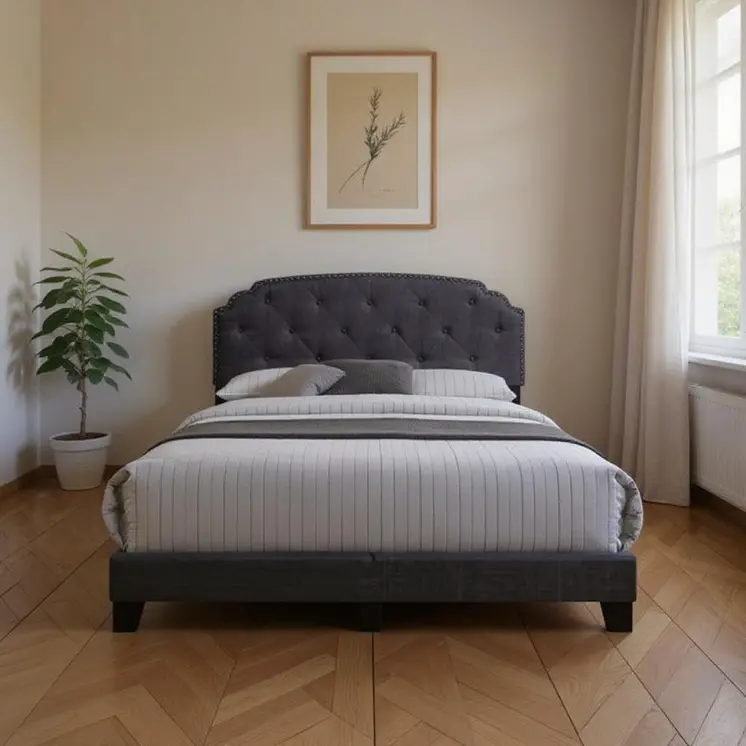 Gray Wood And Tufted Linen Queen Bed Frame with Nailhead Trim