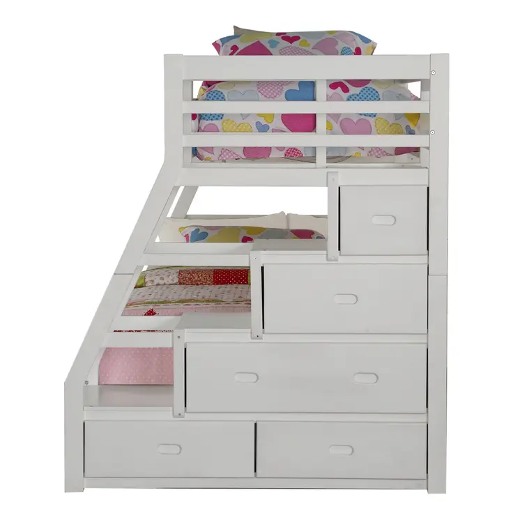 95" X 56" X 65" Twin Over Full White Storage Ladder And Trundle Bunk Bed