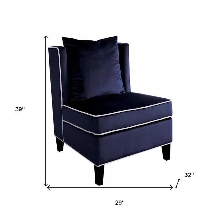 29" Dark Blue and Black Velvet Slipper Chair And Toss Pillow