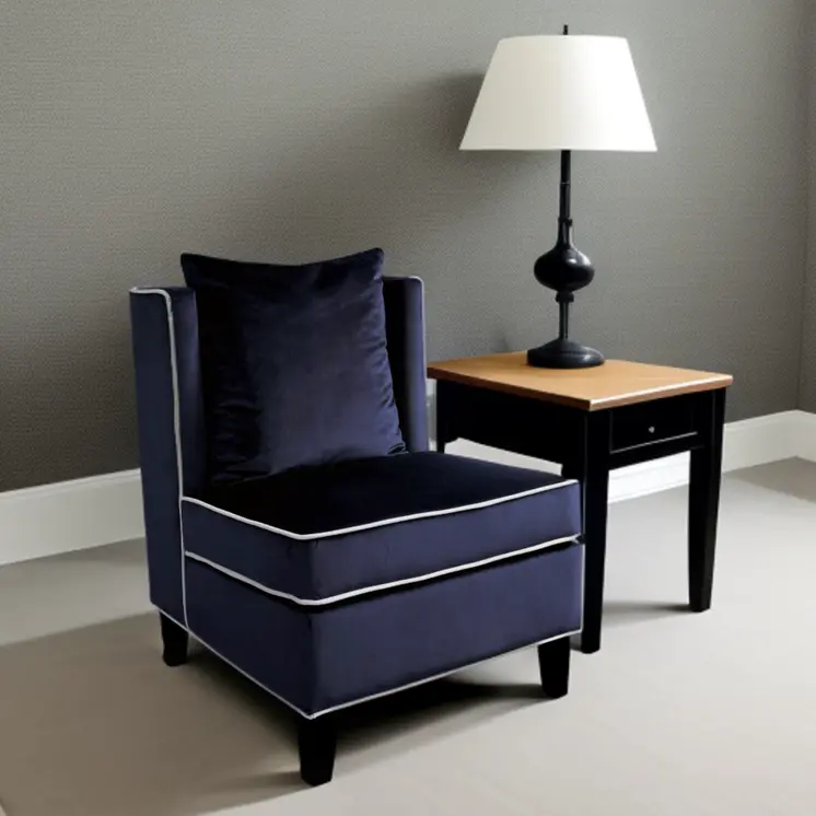 29" Dark Blue and Black Velvet Slipper Chair And Toss Pillow
