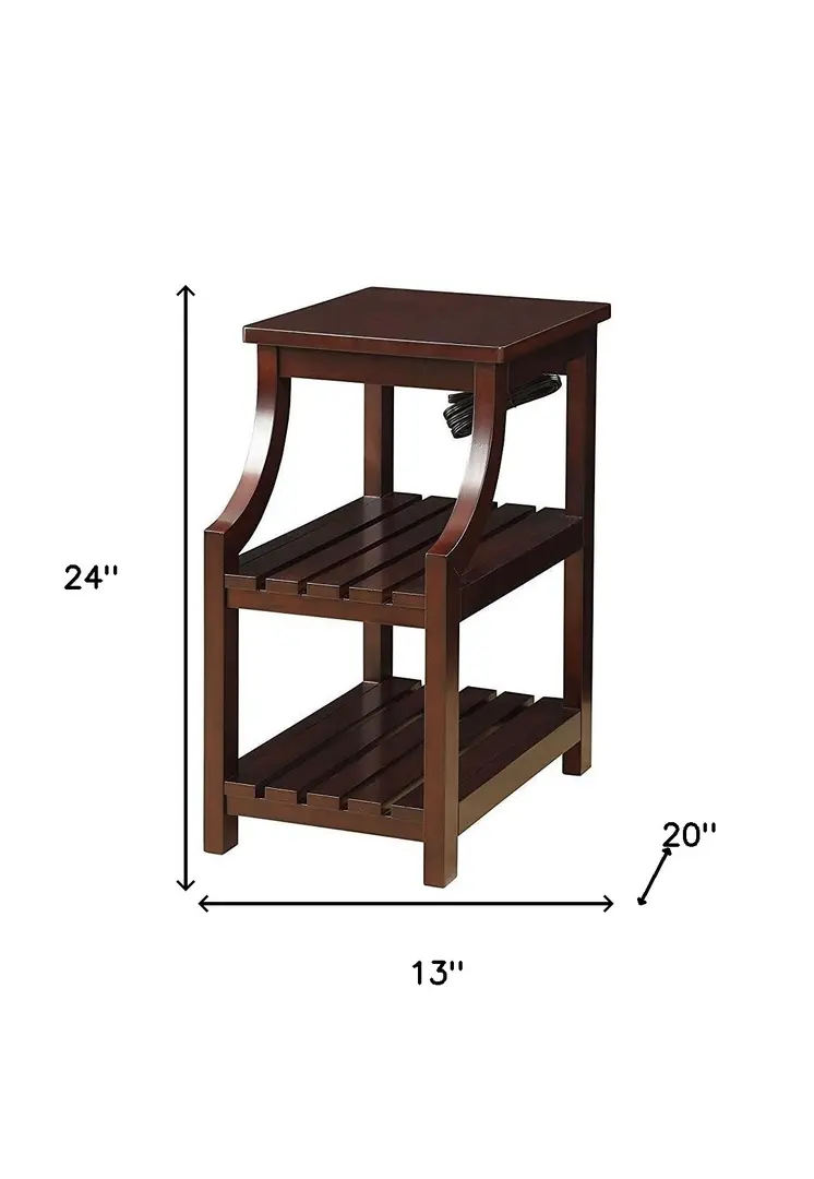 24" Brown Wood End Table With Two Shelves And USB Port