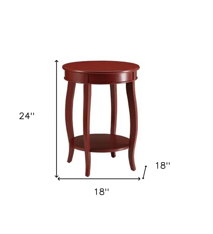 24" Red Wood Round End Table With Shelf